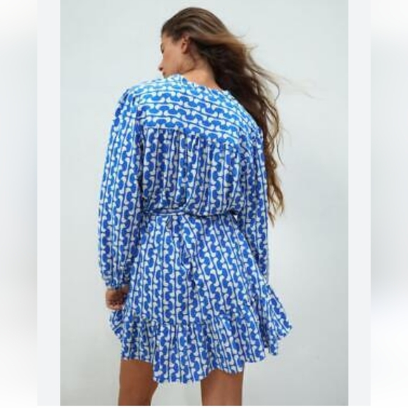 Zara The Paula Blue and White Geometric Design Dress Size XXL Belted - Picture 3 of 16